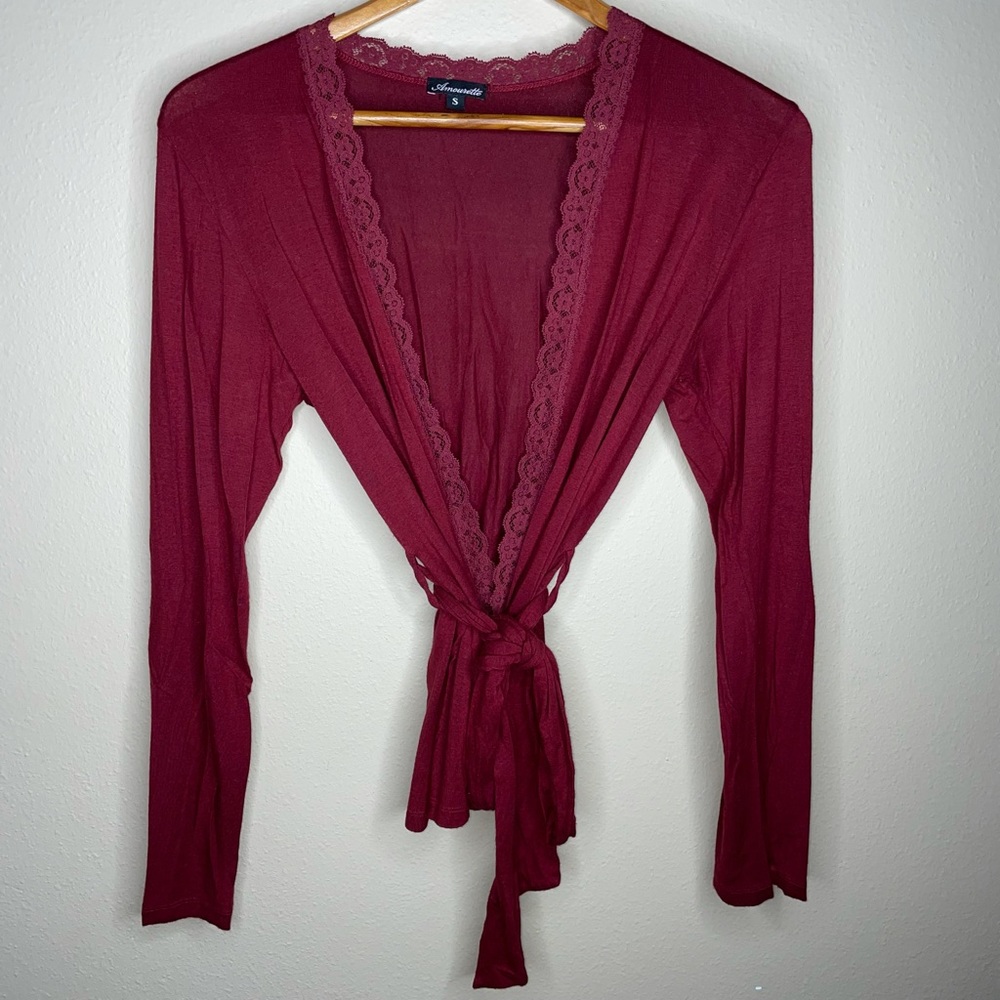 Amourette Size Small Lace Trim Soft Maroon Red Robe Style Top Lingerie with Tie